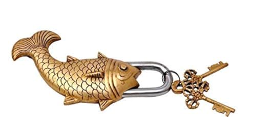 Messing-Vorhängeschloss – Schloss mit Schlüsseln – funktionell – Messing hergestellt – Typ: Fisch – Messingoberfläche von Brass Blessing
