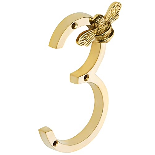 Hausnummer aus goldfarbenem Messing mit Bienen Design Modernes 5 Zoll Türschild Nummernschilder Straßen/Hausadresszahlen (3) von Brass bee