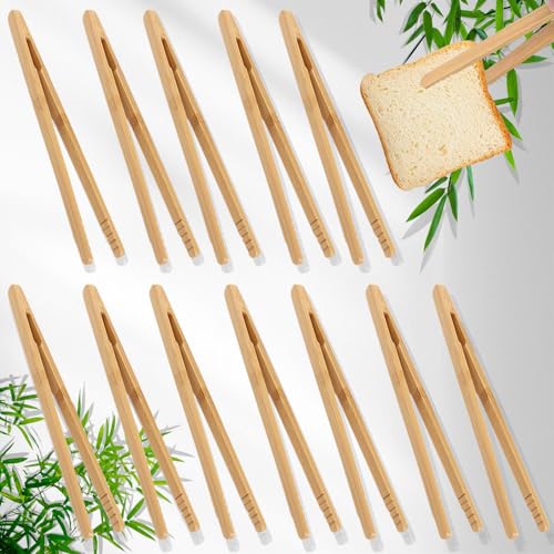 12 Stück Bambus Küche Zange, Grillzange aus Holz, Lebensmittel Tee Pinzette, Toast Zangen Bambus, Bambus Küchenzange zum Kochen, für Toast, Salat, Backen, Sicher und Ungiftig, Wiederverwendbar von Brateuanoii