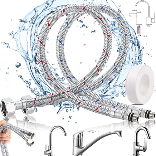 Brateuanoii 2 Stück Anschlussschlauch Armatur G3/8 x M10-60Cm, Flexschlauch Verlängerung, Panzerschlauch, Edelstahl Panzerschlauch Wasserhahn, Sanitär Armaturenschlauch, Mit PTFE-Band von Brateuanoii