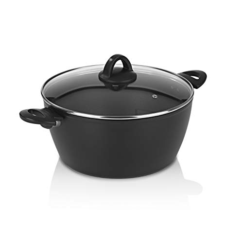 Bratoni Aluminium-Kochtopf 28 cm mit Deckel aus Glas | Antihaft-Beschichteter Topf mit Induktion für fettarmes Kochen | Induktionstopf, Spülmaschinenfest | Brattopf Geschmiedet - 28 x 13 cm, Schwarz von Bratoni