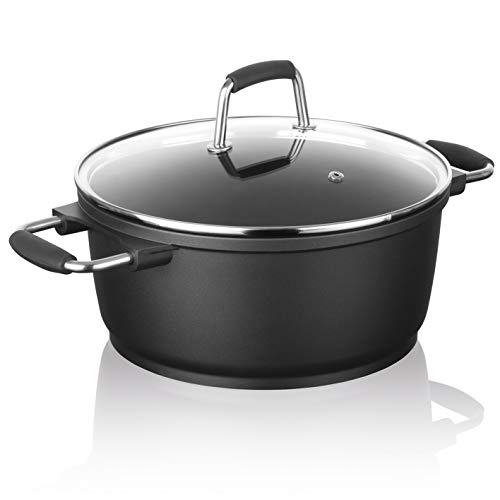 Bratoni Aluminiumguss Kochtopf 20 cm mit Deckel aus Glas 2,5L | Antihaft-Beschichteter Topf für fettarmes Kochen | Spülmaschinenfest | Brattopf Guss-Qualität, Schwarz von Bratoni