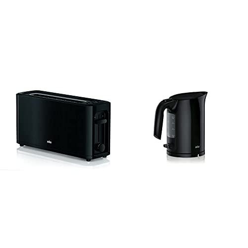 Braun HT 3110 BK Toaster | Langschlitz | Extrabreite Toastkammer | Herausnehmbare Krümelschublade | Schwarz & Wasserkocher | Füllmenge 1,0 l | 2.200 Watt | Schnellkochsystem | Schwarz von Braun Household