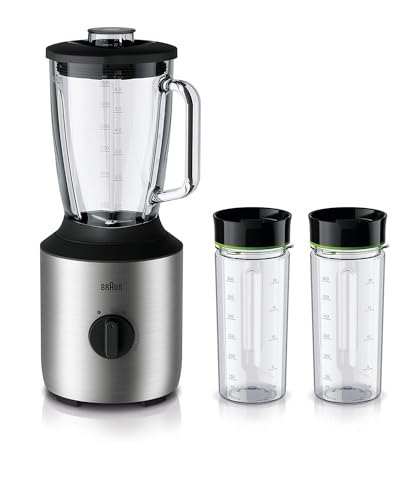 Braun Household PowerBlend 3 JB 3272 Standmixer - 1,5 l Glas-Mixaufsatz, Küchenhelfer zum Zerkleinern, Pürieren & Mixen, inkl. 2 Smoothie2Go Flaschen, 800 Watt, Edelstahl von Braun Household