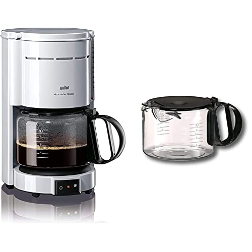 Braun Kaffeemaschine KF 47 WH - Filterkaffeemaschine mit Glaskanne für klassischen Filterkaffee, Aromatischer Kaffee dank OptiBrew-System, Abschaltautomatik, weiß & KFK 10L Ersatzkanne, schwarz von Braun Household