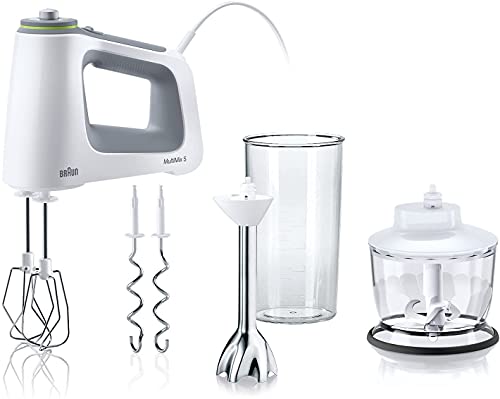 Braun MultiMix 5 HM 5137 Handmixer – Handrührgerät mit stufenloser Geschwindigkeitsregelung, inkl. Schneebesen, Knethaken, Pürierstab, Zerkleinerer und 600 ml Mix- und Messbecher, 750 Watt, weiß von Braun Household