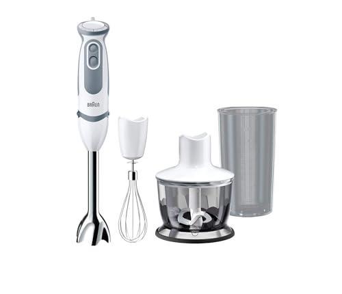 Braun Stabmixer MQ 5235WH Stabmixer – MultiQuick 5 Vario Pürierstab mit Edelstahl Mixfuß, 1000 Watt, inkl. 3-teiligem Zubehör-Set, weiß/grau von Braun Household