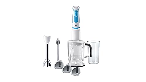 Braun Stabmixer MQ 5260WHBL Stabmixer – MultiQuick 5 Vario Pürierstab mit Edelstahl Mixfuß und Spiralschneider, 1000 Watt, inkl. umfangreiches Zubehör-Set, weiß/blau von Braun Household