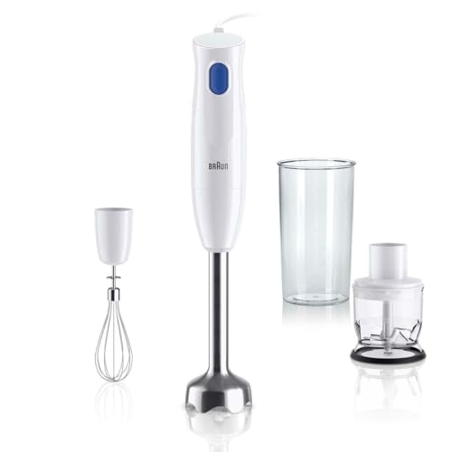 Braun Stabmixer MQ10.202M MultiQuick 1 - Extra Leichter Pürierstab mit Edelstahl-Mixfuß und EasyTwist System, inkl. Zerkleinerer, Schneebesen und 600 ml Mix- & Messbecher, 450 Watt, Weiß von Braun Household