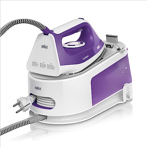 Braun CareStyle 1 IS 1014 VI Dampfbügelstation, SuperCeramic Bügelsohle, 3 Thermostat-Einstellungen, Vertikaldampf-Funktion, Easy CalcClean, Dampfstoß 360 g/min, 1,5 L Wassertank, 2200 W, Weiß-Lila von Braun