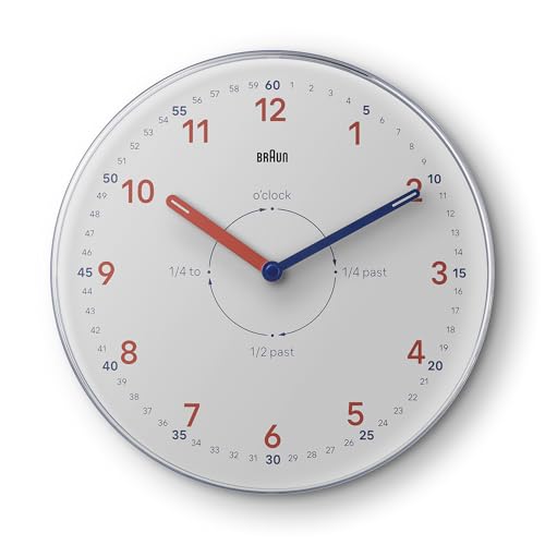 Braun Analoge Zeitlehrer Wanduhr mit geräuschlosem Quarzwerk, leicht ablesbarem Ziffernblatt, 23 cm Durchmesser in Weiß, Modell BC26TW von Braun