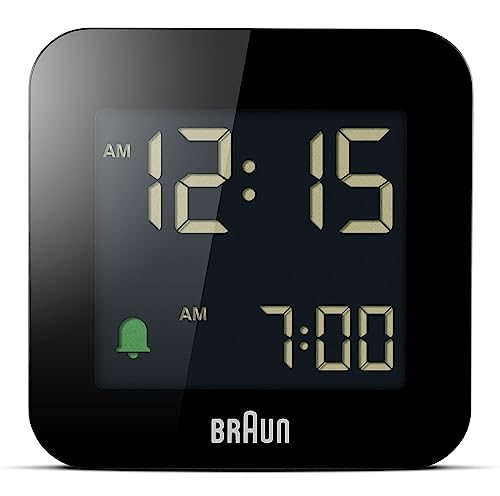 Braun Digitaler Reisewecker mit Schlummerfunktion, kompakte Größe, negatives LC-Display, Schnelleinstellfunktion, Crescendo-Alarm in Schwarz, Modell BC08B von Braun