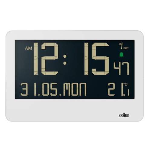 Braun Central European Time Zone (DCF) Digitale Funkwanduhr mit Innentemperatur, Datum, Wochentag, großem umgekehrtem LCD-Display, Crescendo-Piepton-Alarm in Weiß, Modell BC14W-DCF. von Braun