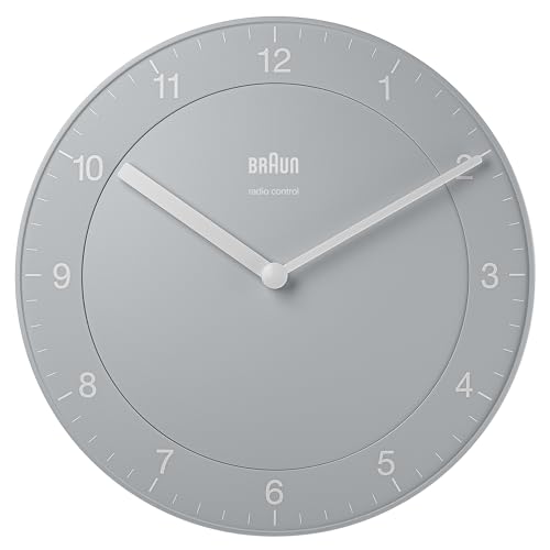 Braun Classic Funkwanduhr für mitteleuropäische Zeitzone (DCF/GMT+1) mit leisem Uhrwerk, leicht ablesbar, 20 cm Durchmesser in Grau, Modell BC06G-DCF. von Braun