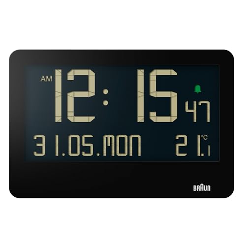 Braun Digitale Wanduhr mit Innentemperatur, Datum, Wochentag, großem umgekehrtem LCD-Display, Schnelleinstellung, Piepton-Alarm in Schwarz, Modell BC14B. von Braun