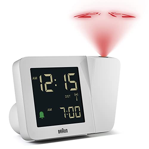 Braun Digitaler Funk-Projektionswecker für die mitteleuropäische Zeitzone (DCF) mit negativem LCD-Display, Schnelleinstellung und Alarm-Piepton in Weiß, BC15W-DCF. von Braun