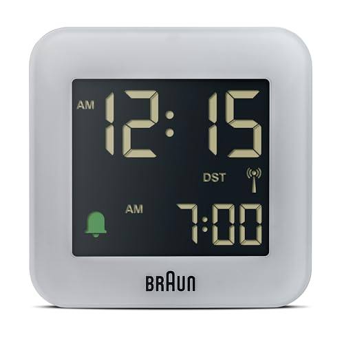 Braun Digitaler Funkreisewecker für die mitteleuropäische Zeitzone (DCF) in kompakter Größe mit Schlummerfunktion, negativem LCD-Display, Schnelleinstellung und Alarm-Piepton Grau, Modell BC08G-DCF. von Braun