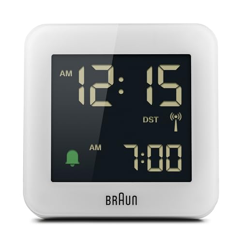 Braun Funkwecker für Mitteleuropa (MEZ) mit Snooze-Funktion, Negativ-LCD-Display, Schnelleinstellung, Alarmton im Crescendo, weiß, Modell BC09W-DCF von Braun