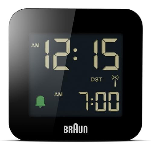 Braun Digitaler Reisewecker Mitteleuropäische Zeitzone (MEZ) mit Schlummerfunktion, kompakte Größe,Negatives LC-Display, Schnelleinstellfunktion,Crescendo-Alarm in Schwarz,Modell BC08B-DCF von Braun