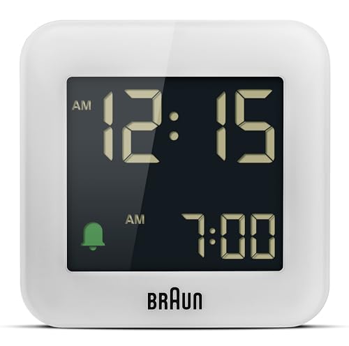 Braun Digitaler Reisewecker mit Snooze-Funktion, kompakte Größe, Negatives LCD-Display, Schnelleinstellung, Alarmton in Crescendo, weiß, Modell BC08W von Braun