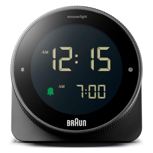 Braun Digitalwecker mit Schlummerfunktion, negativer LCD-Anzeige, drehbarer Lünette für schnelle Zeiteinstellung, Crescendo-Piepton-Alarm in Schwarz, Modell BC24B. von Braun