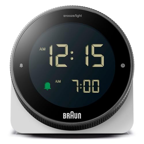 Braun Digitalwecker mit Schlummerfunktion, negativer LCD-Anzeige, drehbarer Lünette für schnelle Zeiteinstellung, Crescendo-Piepton-Alarm in Weiß, Modell BC24W. von Braun