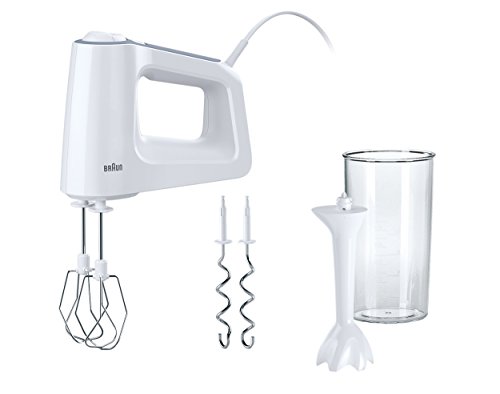 Braun MultiMix 3 HM 3105 Handmixer – Handrührgerät mit 5 Geschwindigkeitsstufen & Turbo-Funktion, inkl. Schneebesen, Knethaken, Pürierstab und 600 ml Mix- und Messbecher, 500 Watt, weiß von Braun