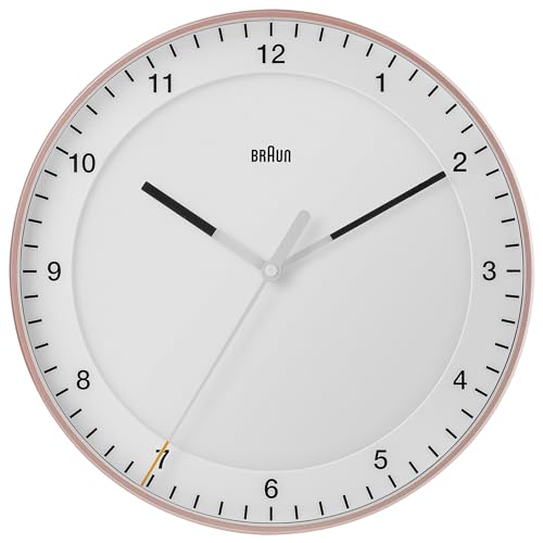 Braun Klassische große analoge Wanduhr geräuschlosem Sweep-Uhrwerk, leicht ablesbar, 30 cm Durchmesser in Rosé und Weiß, Modell BC17PW. von Braun