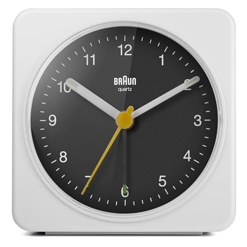 Braun Classic Analog Alarm Clock with Snooze and Light, Quiet Quartz Sweeping Movement, Crescendo Beep Alarm in White and Black, Model BC03WB von Braun
