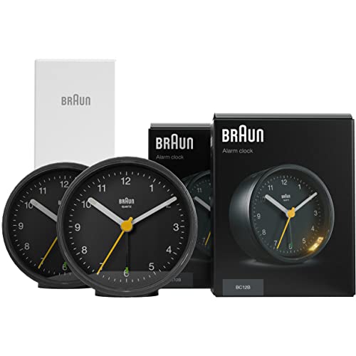 Braun Klassischer analoger Wecker mit Schlummerfunktion und Licht, ruhiges Quarzuhrwerk, Crescendo-Alarm in Schwarz, Modell BC12B (2 Pack) von Braun