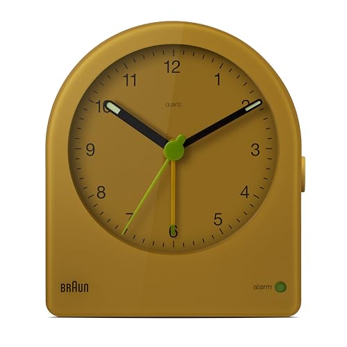 Braun Klassischer analoger Wecker mit Schlummerfunktion und kontinuierlicher Hintergrundbeleuchtung,leisem Quarzwerk, anschwellendem Alarm-Piepton in Gelb, Modell BC22Y von Braun