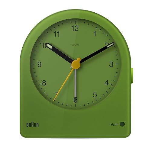 Braun Klassischer analoger Wecker mit Schlummerfunktion und kontinuierlicher Hintergrundbeleuchtung,leisem Quarzwerk, anschwellendem Alarm-Piepton in Grün, Modell BC22GN von Braun