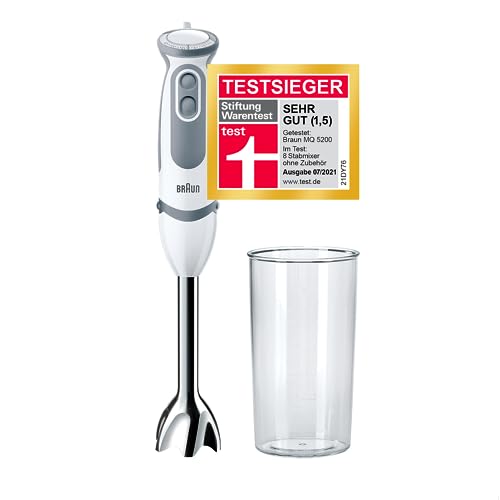 Braun Stabmixer MQ 5200WH - MultiQuick 5 Vario Pürierstab mit Edelstahl Mixfuß, 1000 Watt, inkl. 600 ml Mix- & Messbecher, weiß/grau von Braun Household