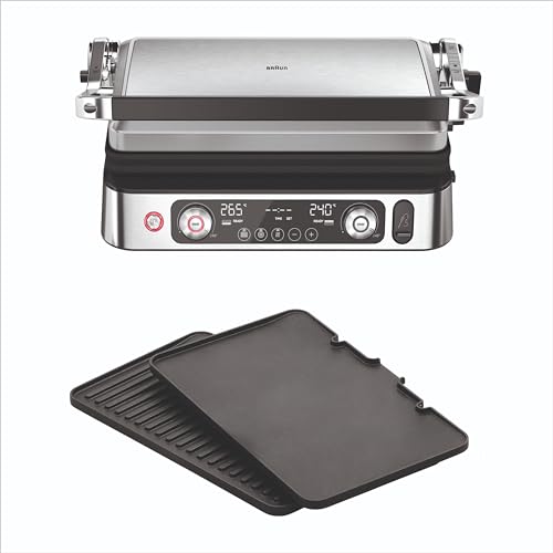 Braun MultiGrill 9 Pro CG 9160, Elektrogrill mit 2 unabhängigen Thermostaten, 3 Kochpositionen, spülmaschinenfeste Platten, integrierte Thermosonde, 2200 W, Schwarz/Edelstahl von Braun