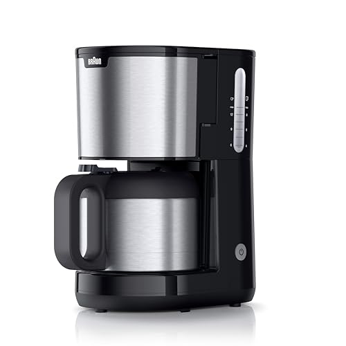 Braun PurShine KF1505 BK Filterkaffeemaschine, 1,2L Edelstahl-Thermokanne für bis zu 9 Tassen, OptiBrew-System, Tropf-Stopp-Funktion, schwenkbarer Filterkorb, Automatische Abschaltung, 1000W, Schwarz von Braun