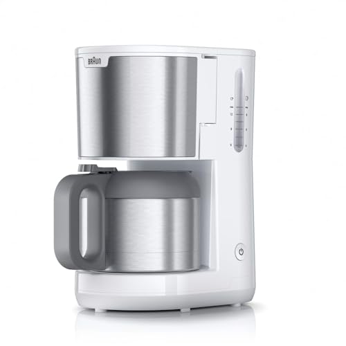 Braun PurShine KF1505 WH Filterkaffeemaschine, 1,2L Edelstahl-Thermokanne für bis zu 9 Tassen, OptiBrew-System, Tropf-Stopp-Funktion, schwenkbarer Filterkorb, Automatische Abschaltung, 1000W, Weiß von Braun