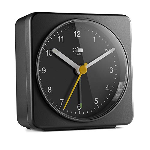 Braun klassischer analoger Quarzwecker in Schwarz/Schlummerfunktion & Lichtfunktion/ruhiges Präzisions-Quarzuhrwerk/leuchtende Zeiger/Crescendo-Alarm/Modell BC03 B von Braun