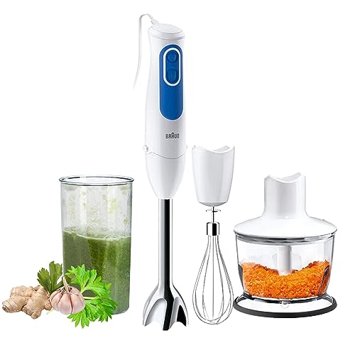 Braun Household Stabmixer MQ 3035 WH - MultiQuick 3 Pürierstab mit Edelstahl-Mixfuß, 2 Geschwindigkeiten, Spritzschutz, Spülmaschinenfest, Zerkleinerer, Schneebesen & 600ml Mix- und Messbecher, Weiß von Braun Household