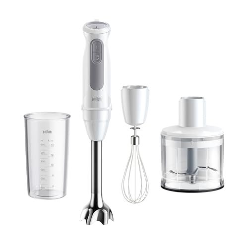 Braun Stabmixer MultiQuick 5 MQ 50236 M - Elektrischer Stabmixer mit 21 Geschwindigkeitsstufen + Turbo, Edelstahl Pürierfuß, Easy Click System, SplashControl, 3-teiliges Zubehör-Set, 1000 Watt, Weiß von Braun