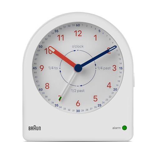 Braun analoger Zeitlehrer Wecker mit Schlummerfunktion, kontinuierlicher Hintergrundbeleuchtung, geräuscharmem Quarzwerk, leicht ablesbarem Ziffernblatt, ansteigender Signalton, Weiß, Modell BC22TW. von Braun