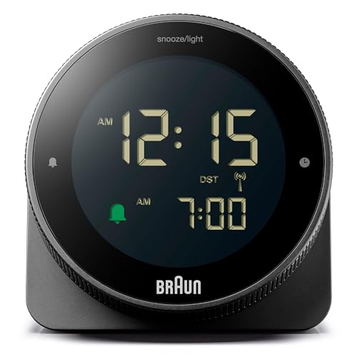 Braun digitaler Funkwecker für die mitteleuropäische Zeitzone (DCF) mit Schlummerfunktion, umgekehrtem LCD-Display, drehbarer Lünette für schnelle Zeiteinstellung, Schwarz, BC24B-DCF. von Braun