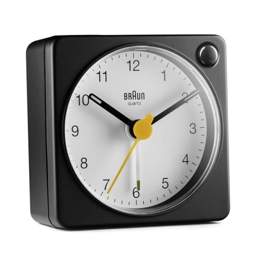 Braun klassischer analoger Quarz-Reisewecker in Schwarz-Weiß/handlich/Schlummerfunktion & Lichtfunktion/ruhiges Präzisions-Quarzuhrwerk (neueste Generation) / Crescendo-Alarm/Modell BC02XBW, 57 x 57 x 27 mm von Braun