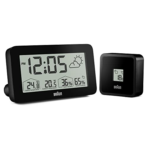 Digitale Braun-Wetterstationsuhr mit Anzeige von Innen- und Außentemperatur sowie Luftfeuchtigkeit, Vorhersage, LCD-Display, Schnelleinstellung, anschwellendem Alarm-Piepton in schwarz, Modell BC13BP. von Braun