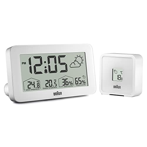 Braun Digitale Wetterstationsuhr mit Anzeige von Innen- und Außentemperatur sowie Luftfeuchtigkeit, Vorhersage, LCD-Display, Schnelleinstellung, anschwellendem Alarm-Piepton in weiß, Modell BC13WP. von Braun