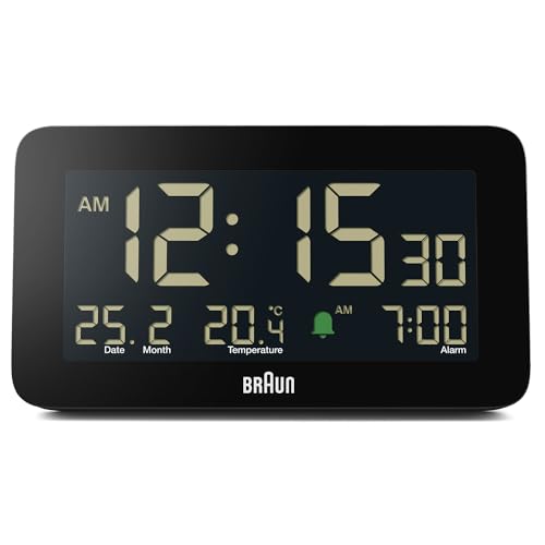 Braun Digitaler Wecker mit Datums-, Monats- und Temperaturanzeige, negativem LCD-Display, Schnelleinstellung und anschwellendem Alarm-Piepton in Schwarz, Modell BC10B. von Braun