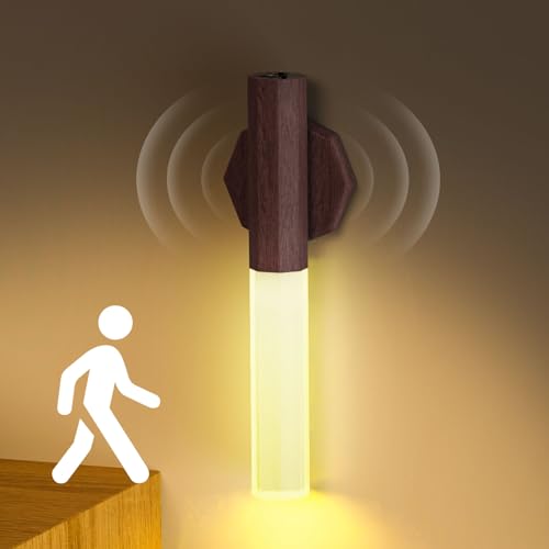 BraveKoi Aufladbar Wandleuchte Innen,LED Wandlampe Holz Bewegungsmelder mit Akku USB Aufladbar,3 Helligkeitsmodi Bewegliche Wandlampe Kabellos für Schlafzimmer,Flur von BraveKoi