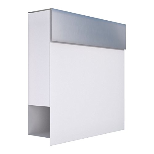 Briefkasten mit Zeitungsfach, Design Wandbriefkasten Manhattan Weiß mit Edelstahlklappe - Bravios von Bravios