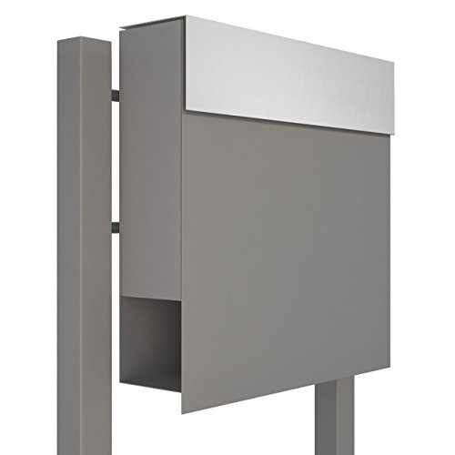 Standbriefkasten mit Zeitungsfach, Design Briefkasten Manhattan Stand Grau Metallic/Edelstahl - Bravios von Bravios