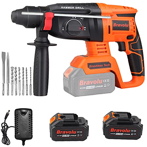 Bravolu Akku Bohrhammer für SDS-Plus, 21V Professional Bohrhammer mit 2 * 4.0Ah Akku & Ladegerät, 4 Modi, 360° verstellbarer Handgriff, 9-teiliges Zubehörset, für Ziegel, Holz, Stahl, Mauerwerk von Bravolu