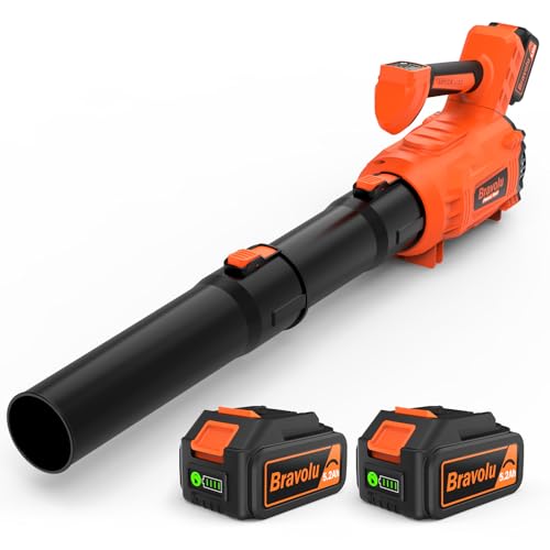 Laubbläser Akku 5200 mAh X 2 mit Ladegerät, Leicht Bürstenloser Laubbläser Max 305 km/h, Turboschalter, 5-stufiges, Abnehmbares Rohr von Bravolu